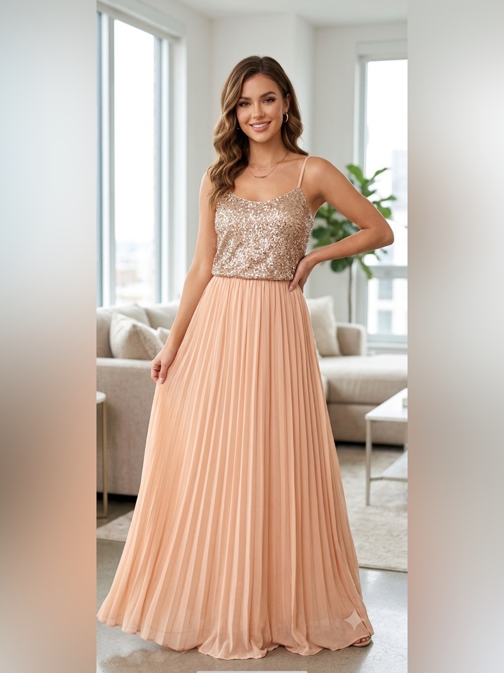 NWT David’s Bridal Sz 0 Formal Dress Long Sequin Chiffon Rose Gold $179 New